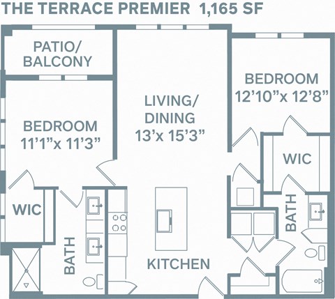 Floor plan for 2 beds, 2 baths, 1165 sqft